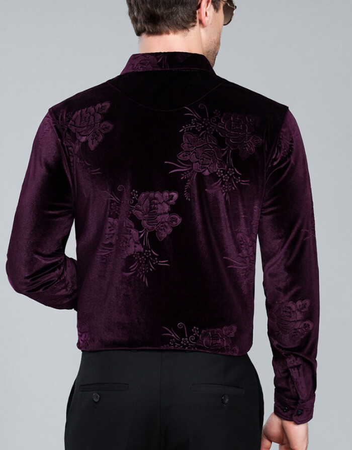 蓓嘉爾金絲絨長袖襯衫男2018新款春秋季中老年男士襯衣免燙印花商務休閑款 上青 2XL/180碼